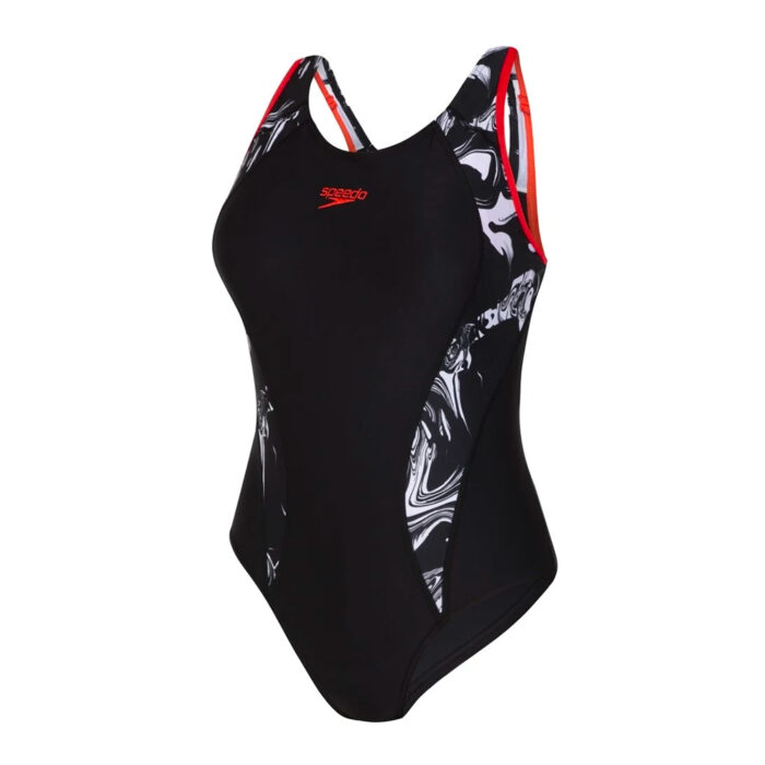 Speedo Women Swimwear Printed Fit Lane Back Swimsuit Black-White-Lava Red