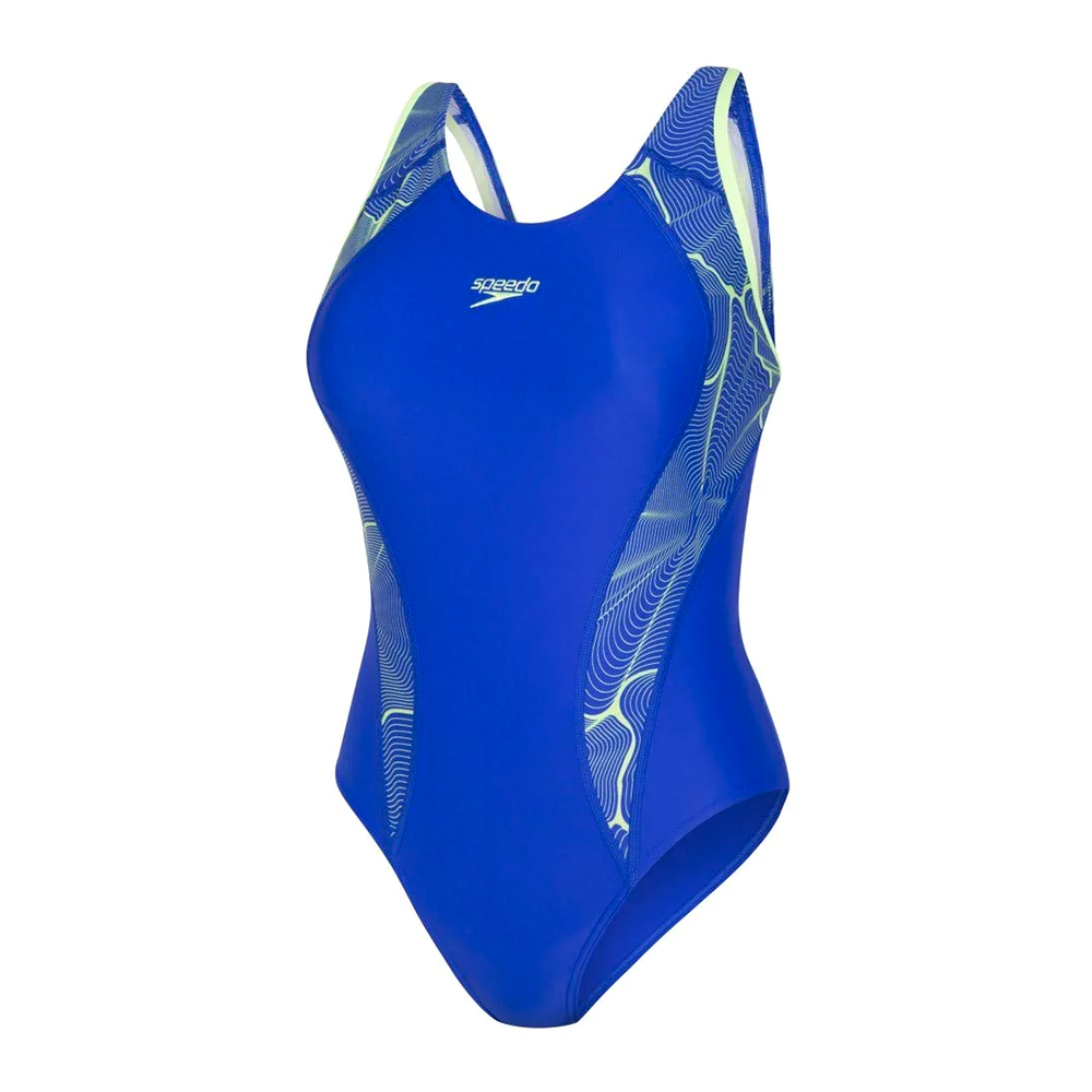 Speedo Women Swimwear Printed Fit Lane Back Swimsuit Chroma Blue-Bright Zest