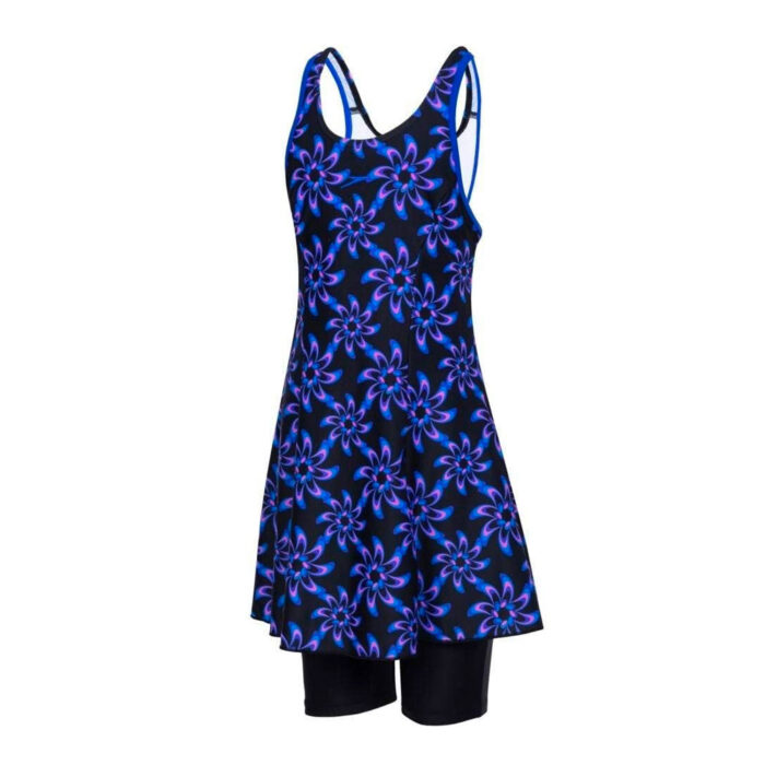 Speedo Kids Swimwear Girls Allover Printed Racerback Swimdress Black-Chroma Blue-Brilliant Blue