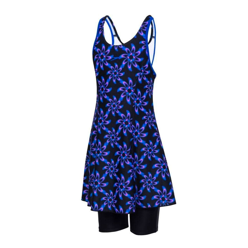Speedo Kids Swimwear Girls Allover Printed Racerback Swimdress Black-Chroma Blue-Brilliant Blue