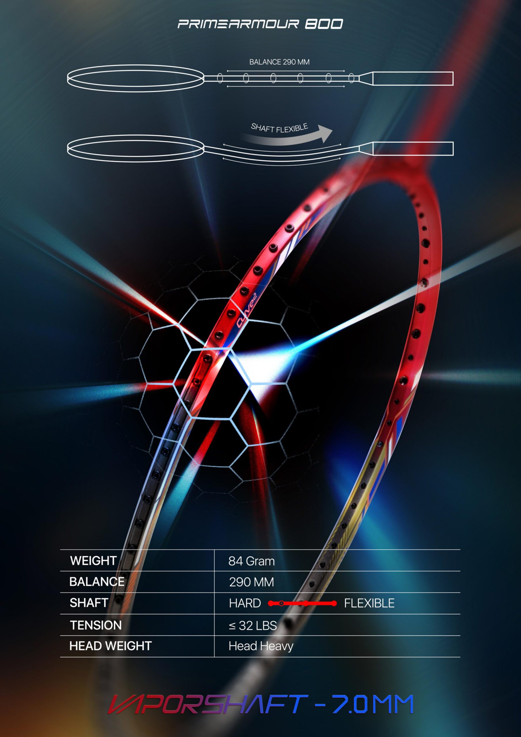 HUNDRED Primearmour 800 Carbon Fibre Unstrung Badminton Racket - Image 3