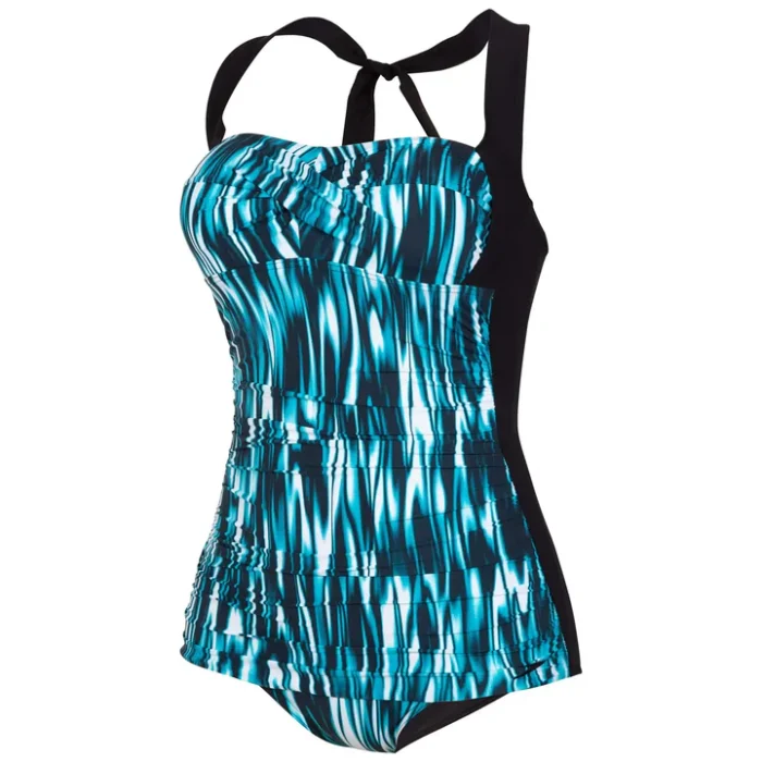 Speedo Women’s Printed Crystalsun One Piece Swimwear – Nordic Teal, Back & White