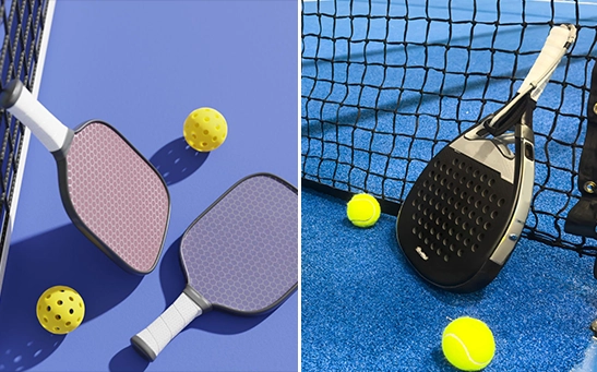 Padel vs Pickleball comparison showing players, court differences and gameplay styles
